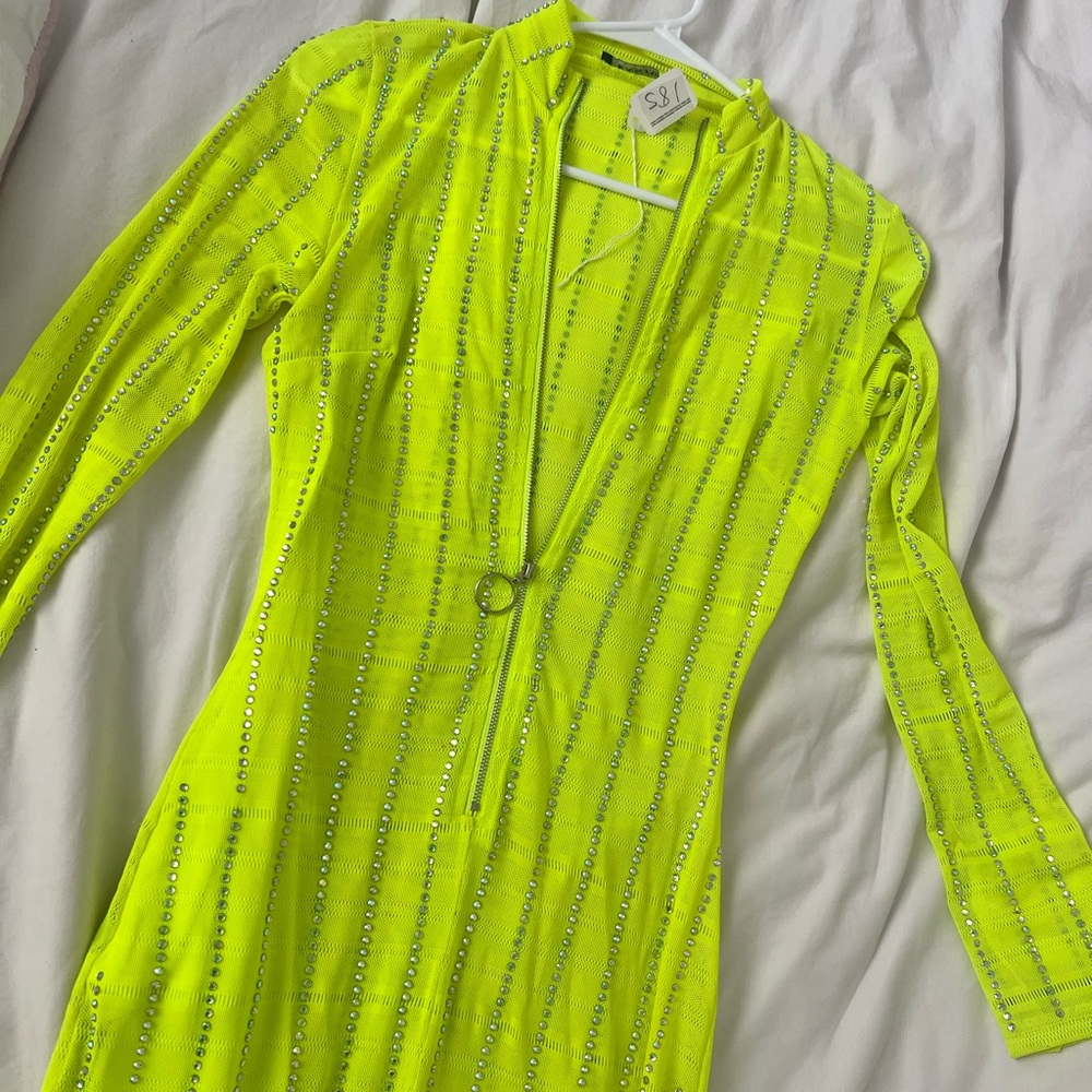 Neon Yellow Long Sleeve Dress with Rhinestone Accents